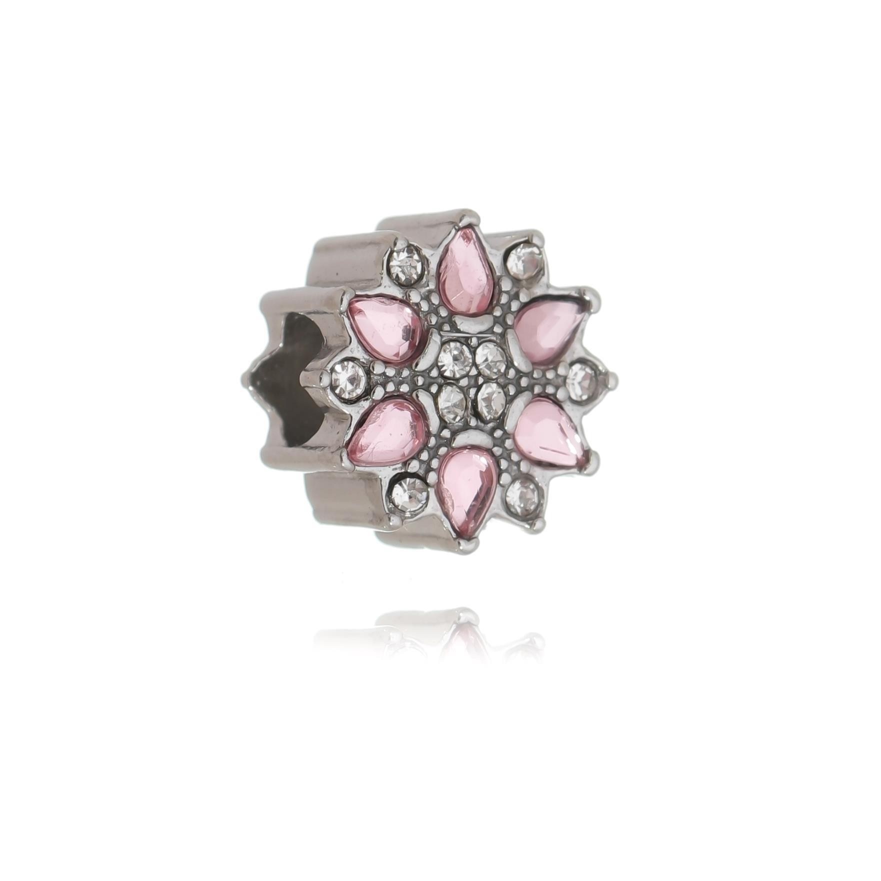Berloque mandala de flor com pedras rosas aço