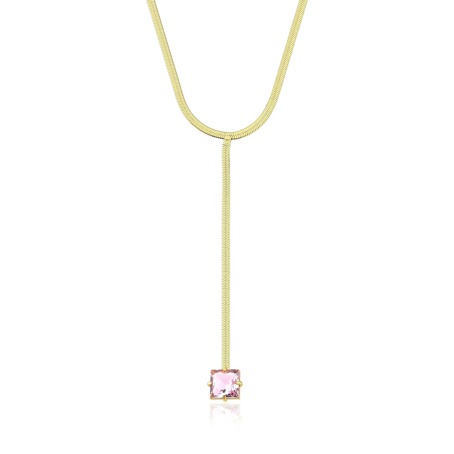Colar amanda fita gravatinha com pedra quartzo rosa folheado a ouro 18k